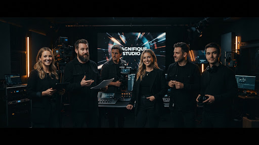 Wide cinematic group portrait of a modern video production team in a dark, high-tech studio with dramatic amber rim lighting.