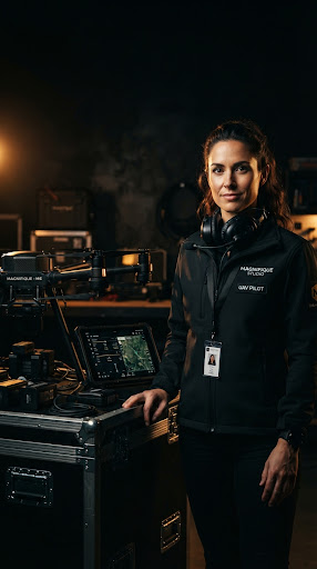 Striking portrait of a female drone pilot beside professional UAV equipment in a dark, moody studio, lit with luminous amber light.