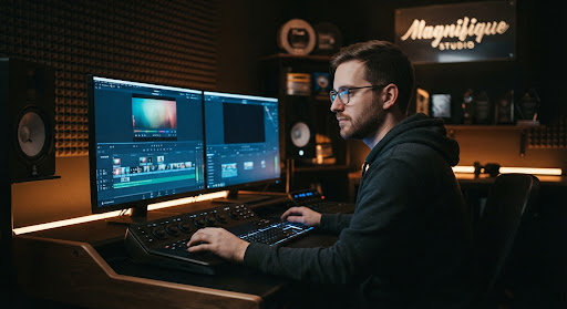Atmospheric portrait of a male video editor in front of glowing dual monitors in a darkened editing bay, screen light contrasting warm amber ambient light.
