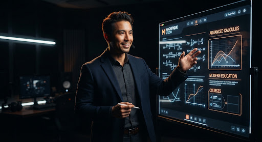 A cinematic shot of a charismatic male tuition teacher in a modern, well-lit studio, gesturing confidently towards a futuristic transparent whiteboard with high-contrast lighting and warm amber rim light.