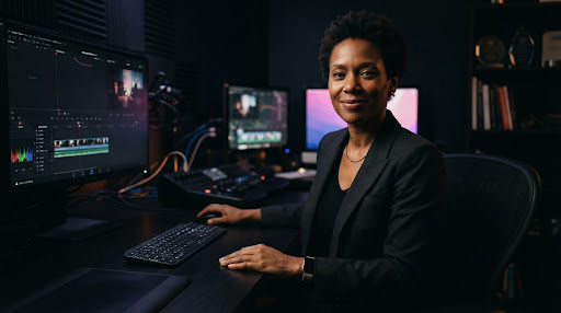 A stark, dramatic portrait of a successful female educator in a cinematic editing suite, looking directly at the camera with a confident smile, lit with a soft amber key light against a deep black background with subtle glowing screens.