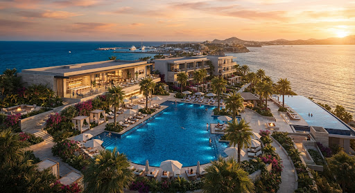 Cinematic golden-hour drone shot over a luxury resort pool and modern architecture.