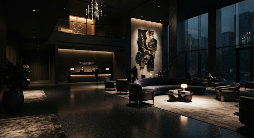 Cinematic wide shot of a minimalist luxury hotel lobby with dramatic lighting.