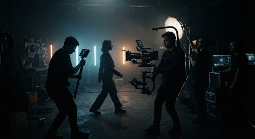 Behind the scenes of a high-end commercial video shoot, featuring a RED digital cinema camera on a sophisticated gimbal setup, dramatic studio lighting with deep contrasts, cinematic atmosphere, professional crew in silhouette.