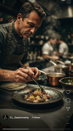 Dynamic, high-contrast vertical video frame of a Michelin-star chef plating a dish in a dimly lit, moody professional kitchen, cinematic shallow depth of field, optimized for social media reels.