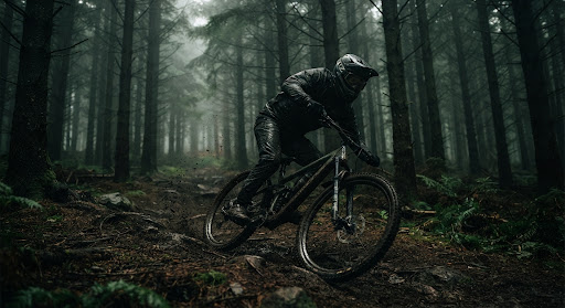 Energetic action shot of a mountain biker in a dense, misty pine forest, cinematic dark green tones, high shutter speed, gritty and raw aesthetic.