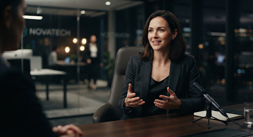Polished, modern corporate interview setup, shallow depth of field focusing on a confident speaker, sleek office background blurred, cinematic lighting with subtle rim light.
